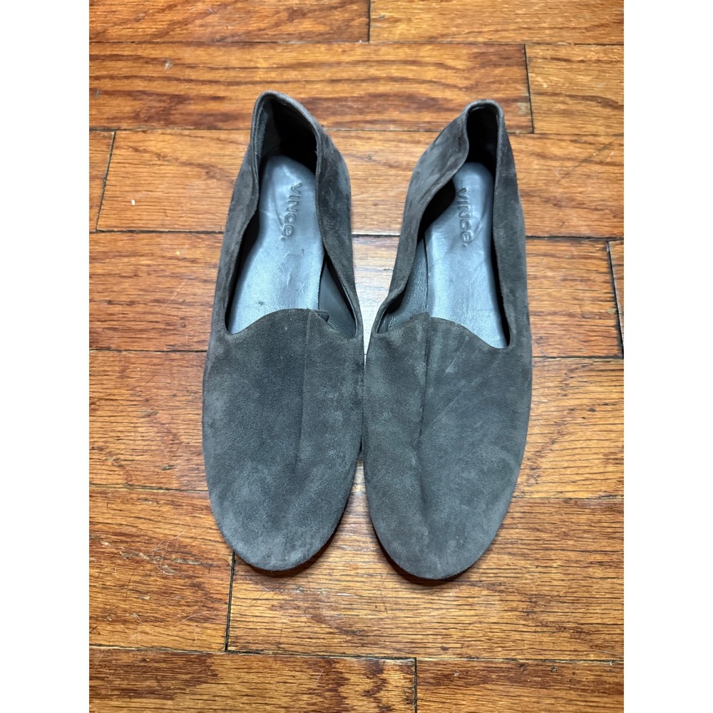 Vince Milo Grey Suede Smoking Slipper Flats Almond Toe Leather Sole Womens 6.5 M